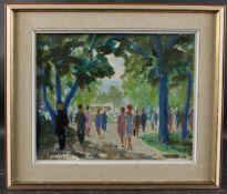 LARS-ERIK LARSSON Figures promenading in a park, oil on board, signed 33 x 41cm