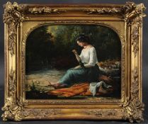 19TH CENTURY SCHOOL Girl seated at a stream, oil on canvas, arched mount, 21 x 26.5cm