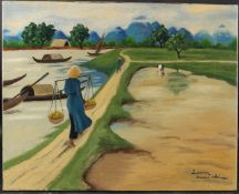 ASIAN SCHOOL Landscape with figures on a path, oil on canvas, signed indistinctly, 39 x 49cm