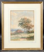 J BARRETT (19TH CENTURY) Landscape with sheep grazing on a hillside, watercolour, signed,