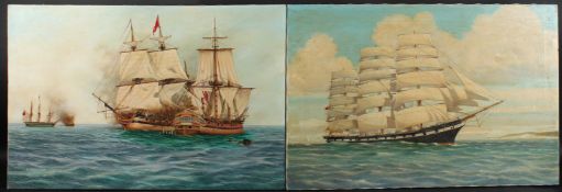 W GEORGE CLARK Clipper sailing ship at sea, and another of ships in battle, two maritime oil