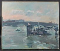 MODERN BRITISH SCHOOL View of the Thames with figures on a jetty oil on canvas, unframed, 50