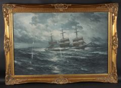 HUGO SCHNARS-ALQUIST (1855-1939) Ships at sea, colour print. in ornate gilt frame, 59 x 90cm
