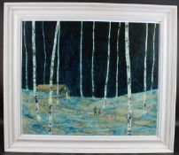 DANIEL ABLITT (CONTEMPORARY) Figures in a woodland with barn. oil on board, gallery label verso,