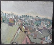 MODERN BRITISH SCHOOL View over roof tops, oil on panel unframed, 38 x 45cm