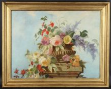 A. H. TRAUTWEIN (c.1900) Still life of mixed flowers and foliage in a stone urn, oil on canvas,