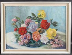 GINETTE DE MALET ROQUEFORT Bowl of roses and other flowers oil on canvas, signed and dated 1965 50.5