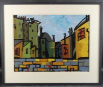 20TH CENTURY SCHOOL View of houses beyond a wall oil/acrylic on paper, 48.5 x 63.5cm