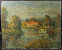CIRCLE OF R O DUNLOP River scene with cottage, oil on board, signed indistinctly unframed, 40 x 50.