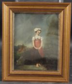 CONTINENTAL SCHOOL (19TH CENTURY) Portrait of a girl with distant village and church, oil on