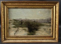 19TH CENTURY SCHOOL Winter landscape with figure on a path to a village, oil on canvas, signed