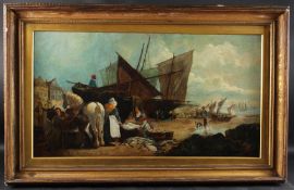 ENGLISH SCHOOL (19TH CENTURY) fishing boats moored on a beach. oil on canvas, 49 x 90cm