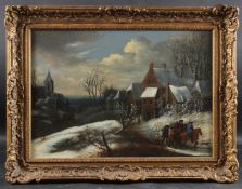 CONTINENTAL SCHOOL (19TH /20TH CENTURY) Winter scene with village and hunting party, oil on