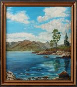 C DONOGHUE STUART Loch side view of mountains, oil on board, signed, 44 x 39cm