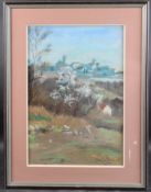 FRANCOIS BROCHET (20TH CENTURY) Hillside view of a tree in blossom and town beyond, coloured