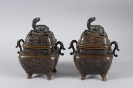 A GOOD PAIR OF BRONZE SQUARE CENSERS AND COVERS with kylin knops. 15cm high