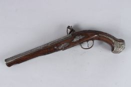 A FINE 18TH - 19TH CENTURY OTTOMAN BALKANS SILVER INLAID AND MOUNTED PISTOL. 14ins long