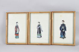 A SET OF THREE CHINESE RICE PORTRAIT PICTURES 31cm x 20cm