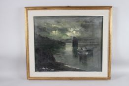 AVNI ARBAS (1919 - 2003) TURKISH MOONLIT BOAT SCENE two men in a small boat. Signed and dated