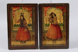 A GOOD PAIR OF QAJAR LACQUER BOOK COVERS, a female figure one side, flowers on the reverse. 9.5ins x