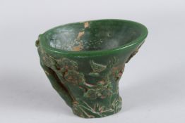 A GOOD CARVED JADE LEBATION CUP 9cm