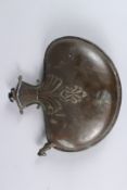 AN UNUSUAL 19TH CENTURY OR EARLIER INDIAN COPPER WATER FLASK, possibly a pilgrim flask. 10.5ins high