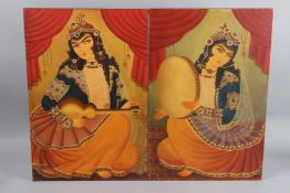 TWO FINE PERSIAN QAJAR STYLE OIL PAINTINGS ON CANVAS depicting female musicians. 24ins x 16in