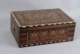 A VERY FINE AND LARGE 19TH CENTURY INDIAN HOSHIAPUR IVORY INLAID WOODEN JEWELLERY BOX. 18ins wide.