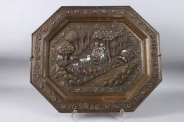 A VERY FINE 19TH CENTURY INDIAN TANJORE SILVER AND COPPER INLAID BRASS TRAY depicting Krishna and