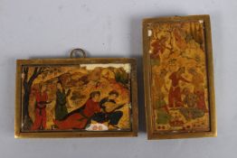 TWO SMALL 19TH CENTURY ISLAMIC MINIATURE PAINTINGS on bone. 3ins x 2ins