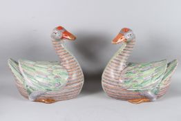A LARGE PAIR OF CHINESE FAMILLE ROSE GEESE TUREENS AND COVERS 38cm long