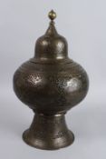 A 19TH CENTURY PERSIAN QAJAR ENGRAVED OPEN WORKED BRASS LANTERN. 17ins high
