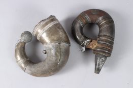 TWO 18TH - 19TH CENTURY ARAB OMANI OR YEMENI SILVER MOUNTED POWDER FLASKS