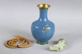 A CHINESE CLOISONNE VASE, A JADE DRAGON and PRAYER BEADS (3)