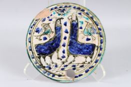 A 19TH CENTURY PERISAN QAJAR GLAZED POTTERY BEEHIVE COVER. 9ins diameter