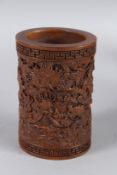 A CHINESE CARVED WOOD BRUSH POT 12ins high