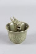 A GREEN CELEDON PORCELAIN DRAGON CUP 7cm