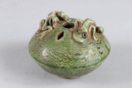 A GOOD GREEN GLAZE CIRCULAR POTTERY CENSER 12cm