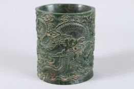 A GOOD CHINESE CARVED JADE BRUSH POT. 5.5ins high