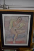 Seated female nude, coloured chalks.