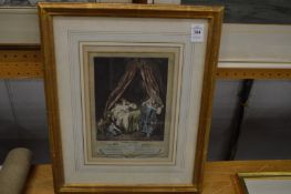 A colour engraving depicting a lady in bed with ladies in waiting.