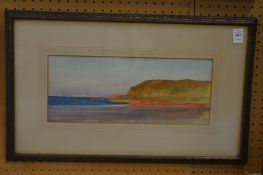 A Mediterranean bay with distant view of a coastal town, watercolour heightened with white.