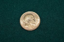 An Edward VII gold sovereign dated 1905, mint mark for Perth, Australia.