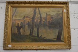 Fishermen in a boat on a river with a bridge in the distance, oleographic print, in a decorative