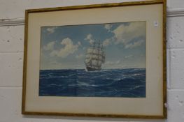 Hugo Schnars-Alquist, sailing ship at sea, colour print.