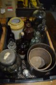 Various storage jars, old bottles, measures etc.