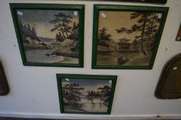 Japanese School, river landscape with buildings, paintings on silks, set of three.