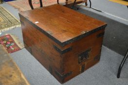 A 19th century metal bound teak campaign chest, sign written to the front with owners details '