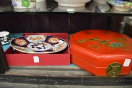 An Imari dish, a lacquer tray and a Chinese lacquer box with hinged cover.