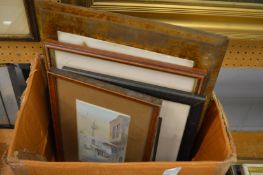 A small group of pictures to include a painting on opaque glass depicting cats.